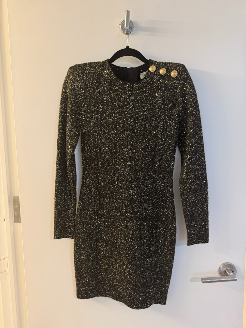 L'AGENCE Sequin Knit Mini Dress Black Gold Buttons Small